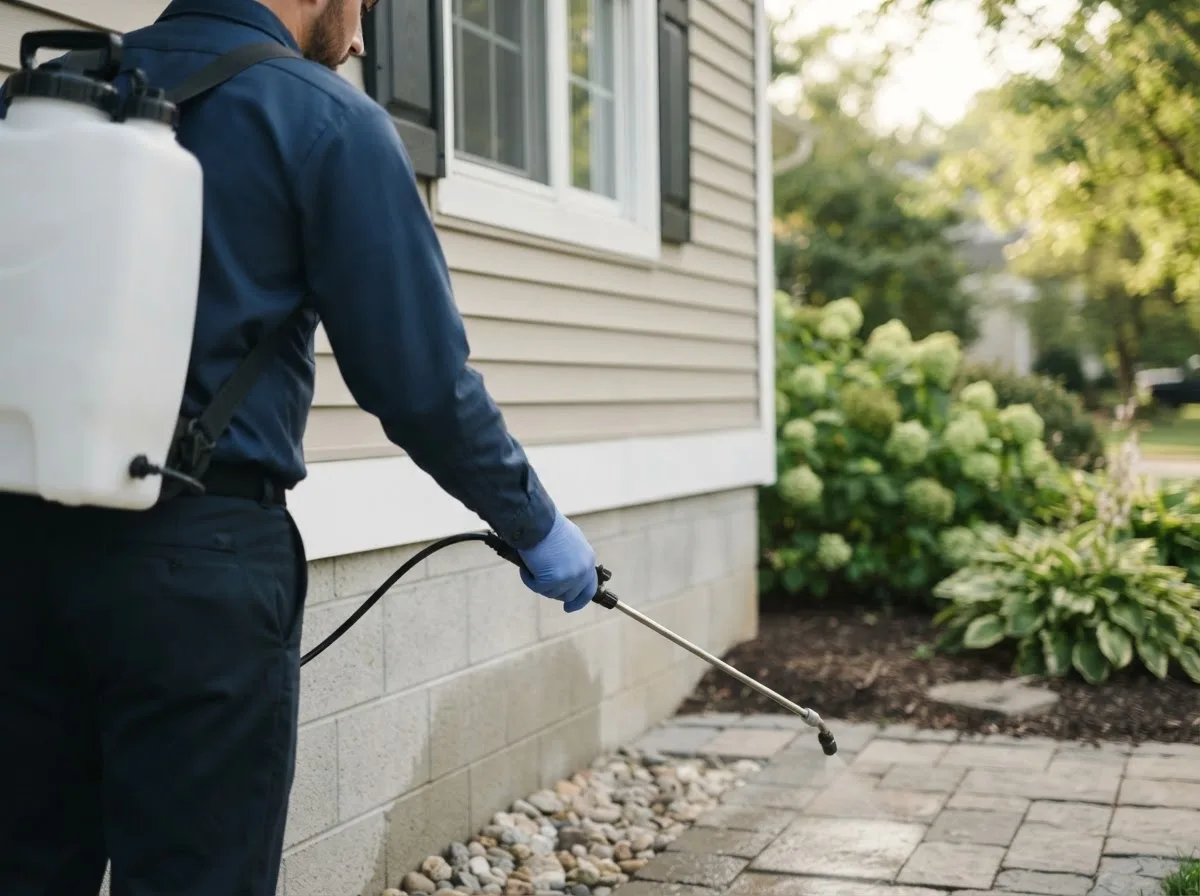 Pest control technician inspecting a home in Juda, WI